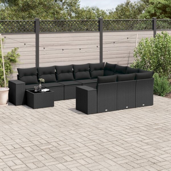 vidaXL 11-tlg. Garten-Sofagarnitur mit Kissen Schwarz Poly Rattan