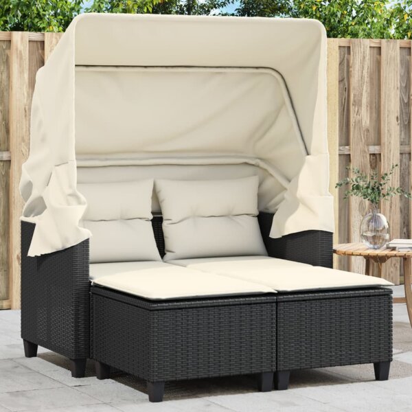 vidaXL Gartensofa 2-Sitzer mit Dach und Hockern Schwarz Poly Rattan