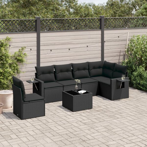 vidaXL 7-tlg. Garten-Sofagarnitur mit Kissen Schwarz Poly Rattan