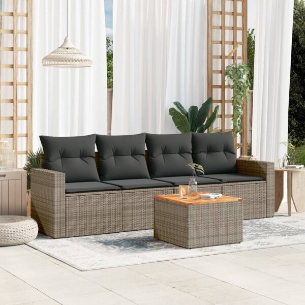 vidaXL 5-tlg. Garten-Sofagarnitur mit Kissen Grau Poly Rattan