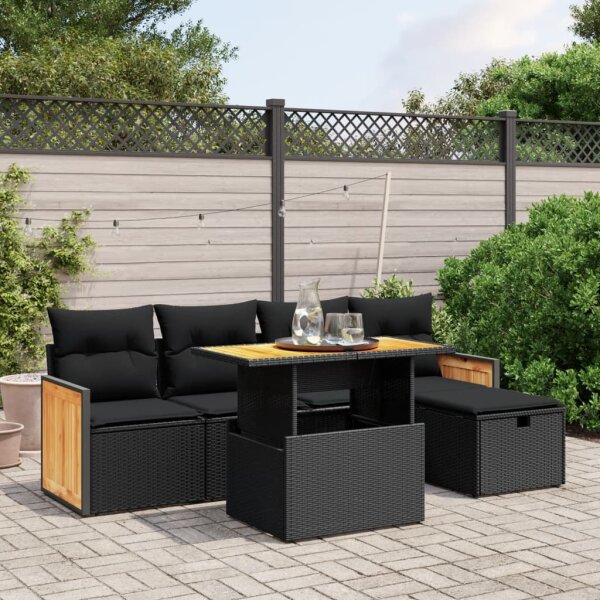 vidaXL 6-tlg. Garten-Sofagarnitur mit Kissen Schwarz Poly Rattan