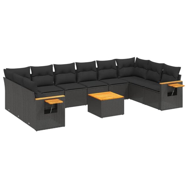 vidaXL 11-tlg. Garten-Sofagarnitur mit Kissen Schwarz Poly Rattan