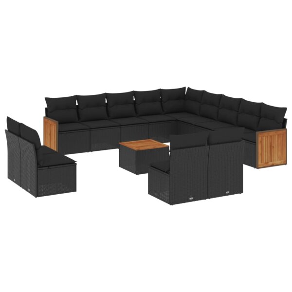 vidaXL 14-tlg. Garten-Sofagarnitur mit Kissen Schwarz Poly Rattan