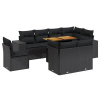 vidaXL 9-tlg. Garten-Sofagarnitur mit Kissen Schwarz Poly Rattan