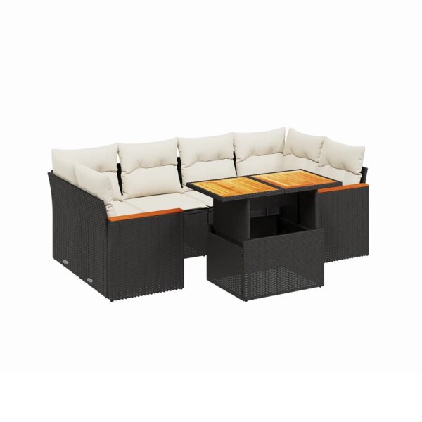 vidaXL 7-tlg. Garten-Sofagarnitur mit Kissen Schwarz Poly Rattan