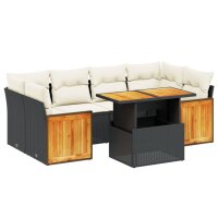 vidaXL 7-tlg. Garten-Sofagarnitur mit Kissen Schwarz Poly Rattan