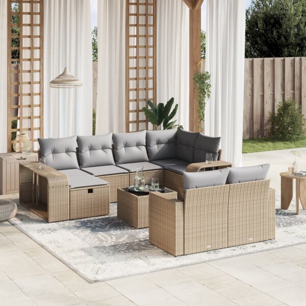 vidaXL 11-tlg. Garten-Sofagarnitur mit Kissen Beige Poly Rattan