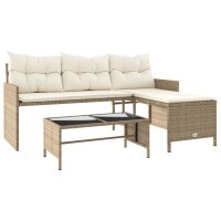 vidaXL Gartensofa in L-Form mit Tisch und Kissen Beige Poly Rattan