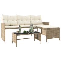 vidaXL Gartensofa in L-Form mit Tisch und Kissen Beige Poly Rattan