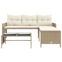 vidaXL Gartensofa in L-Form mit Tisch und Kissen Beige Poly Rattan