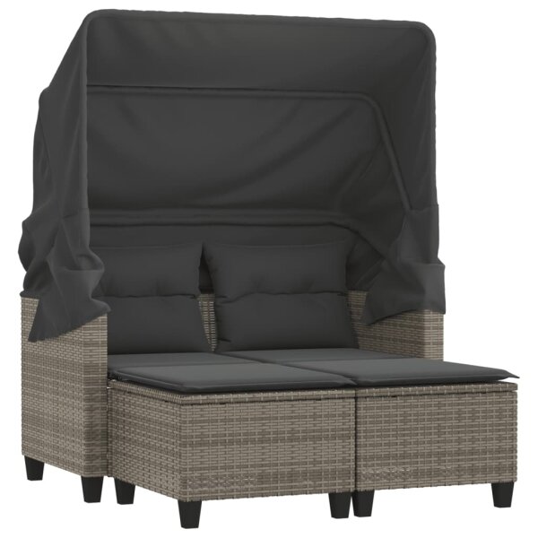 vidaXL Gartensofa 2-Sitzer mit Dach und Hockern Grau Poly Rattan