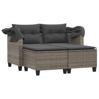 vidaXL Gartensofa 2-Sitzer mit Dach und Hockern Grau Poly Rattan