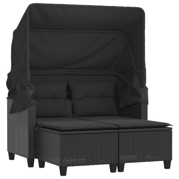 vidaXL Gartensofa 2-Sitzer mit Dach und Hockern Schwarz Poly Rattan