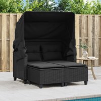 vidaXL Gartensofa 2-Sitzer mit Dach und Hockern Schwarz Poly Rattan