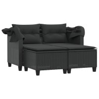 vidaXL Gartensofa 2-Sitzer mit Dach und Hockern Schwarz Poly Rattan