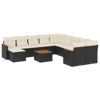 vidaXL 12-tlg. Garten-Sofagarnitur mit Kissen Schwarz Poly Rattan