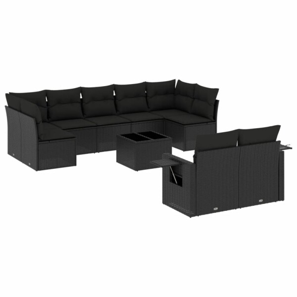 vidaXL 10-tlg. Garten-Sofagarnitur mit Kissen Schwarz Poly Rattan