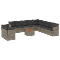 vidaXL 12-tlg. Garten-Sofagarnitur mit Kissen Grau Poly Rattan