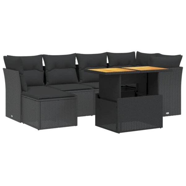 vidaXL 7-tlg. Garten-Sofagarnitur mit Kissen Schwarz Poly Rattan