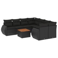 vidaXL 9-tlg. Garten-Sofagarnitur mit Kissen Schwarz Poly Rattan