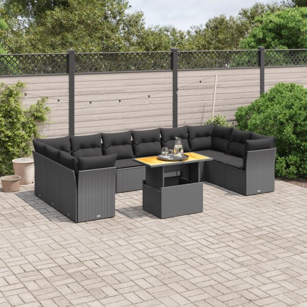 vidaXL 11-tlg. Garten-Sofagarnitur mit Kissen Schwarz Poly Rattan