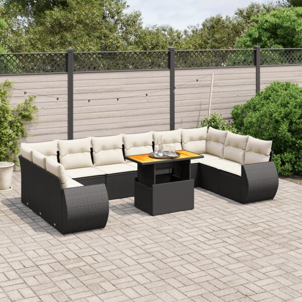 vidaXL 11-tlg. Garten-Sofagarnitur mit Kissen Schwarz Poly Rattan