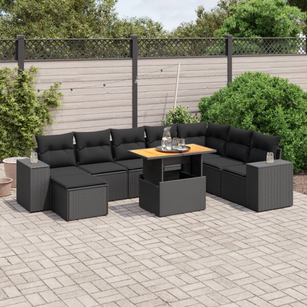 vidaXL 9-tlg. Garten-Sofagarnitur mit Kissen Schwarz Poly Rattan