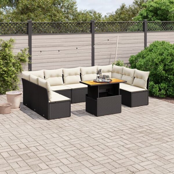 vidaXL 10-tlg. Garten-Sofagarnitur mit Kissen Schwarz Poly Rattan