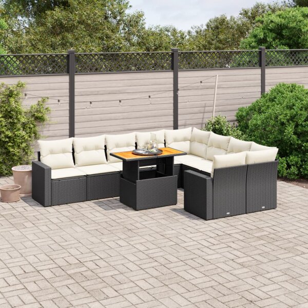 vidaXL 10-tlg. Garten-Sofagarnitur mit Kissen Schwarz Poly Rattan