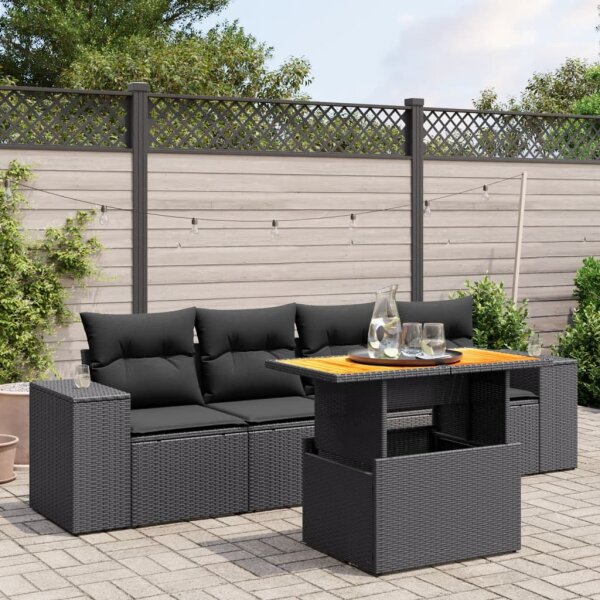 vidaXL 5-tlg. Garten-Sofagarnitur mit Kissen Schwarz Poly Rattan