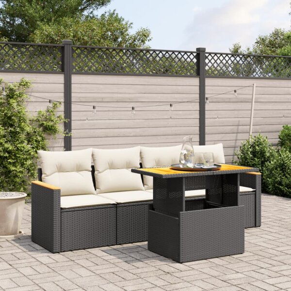 vidaXL 5-tlg. Garten-Sofagarnitur mit Kissen Schwarz Poly Rattan