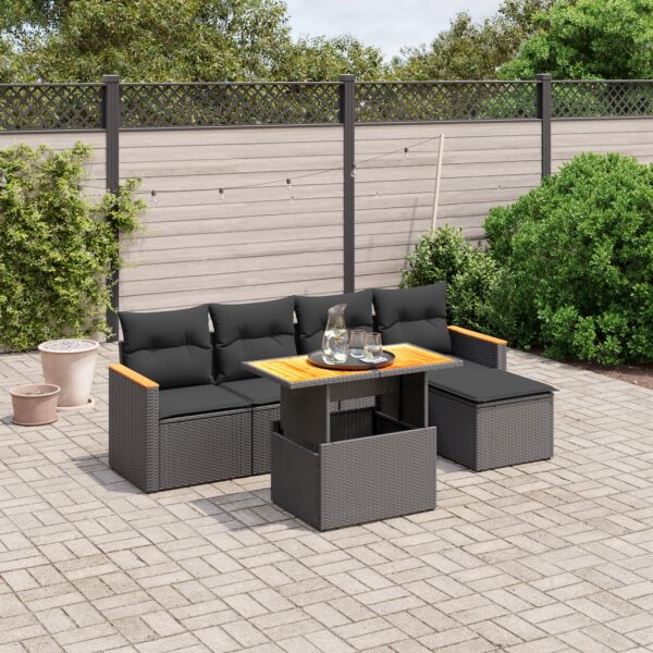 vidaXL 6-tlg. Garten-Sofagarnitur mit Kissen Schwarz Poly Rattan