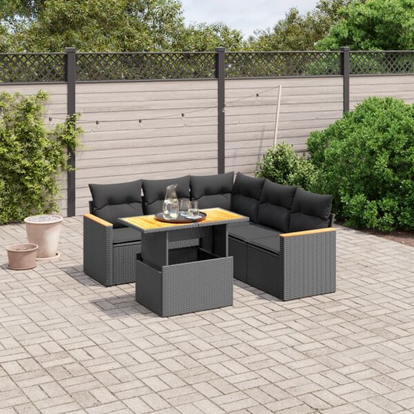 vidaXL 6-tlg. Garten-Sofagarnitur mit Kissen Schwarz Poly Rattan