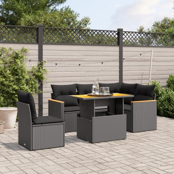 vidaXL 6-tlg. Garten-Sofagarnitur mit Kissen Schwarz Poly Rattan