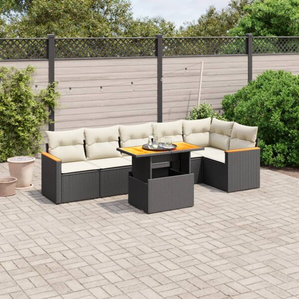 vidaXL 7-tlg. Garten-Sofagarnitur mit Kissen Schwarz Poly Rattan