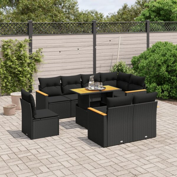 vidaXL 9-tlg. Garten-Sofagarnitur mit Kissen Schwarz Poly Rattan