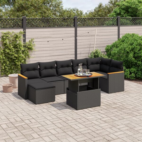 vidaXL 8-tlg. Garten-Sofagarnitur mit Kissen Schwarz Poly Rattan