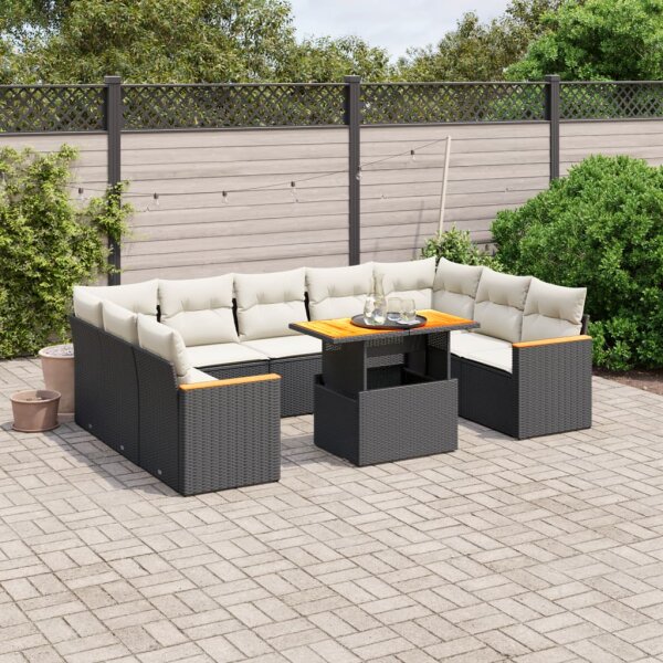 vidaXL 11-tlg. Garten-Sofagarnitur mit Kissen Schwarz Poly Rattan