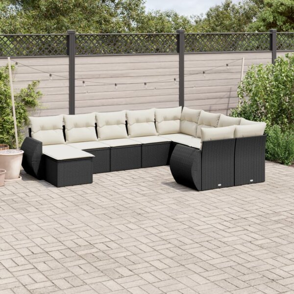 vidaXL 10-tlg. Garten-Sofagarnitur mit Kissen Schwarz Poly Rattan