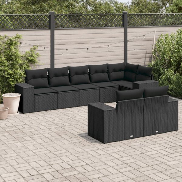 vidaXL 8-tlg. Garten-Sofagarnitur mit Kissen Schwarz Poly Rattan