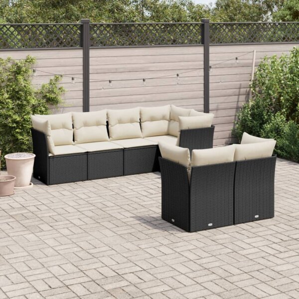 vidaXL 7-tlg. Garten-Sofagarnitur mit Kissen Schwarz Poly Rattan