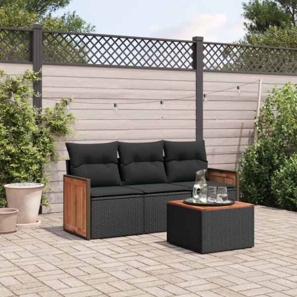 vidaXL 4-tlg. Garten-Sofagarnitur mit Kissen Schwarz Poly Rattan