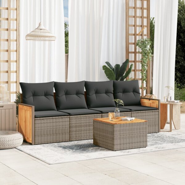 vidaXL 5-tlg. Garten-Sofagarnitur mit Kissen Grau Poly Rattan