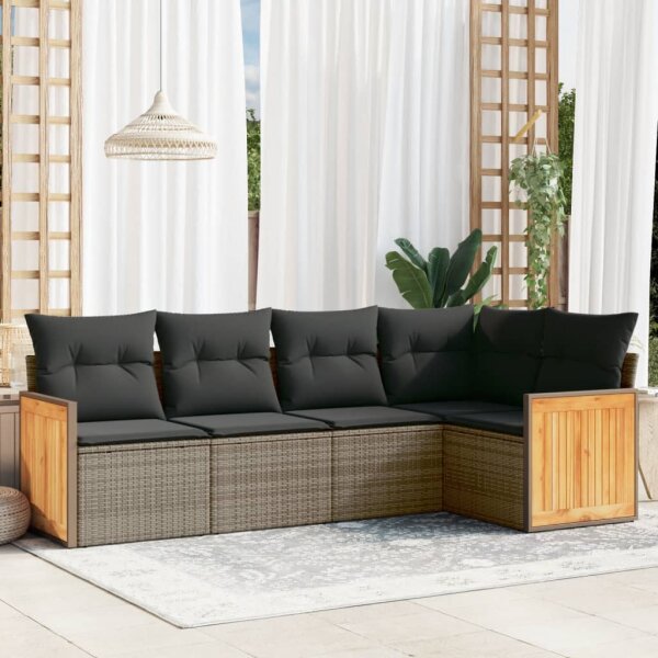 vidaXL 5-tlg. Garten-Sofagarnitur mit Kissen Grau Poly Rattan