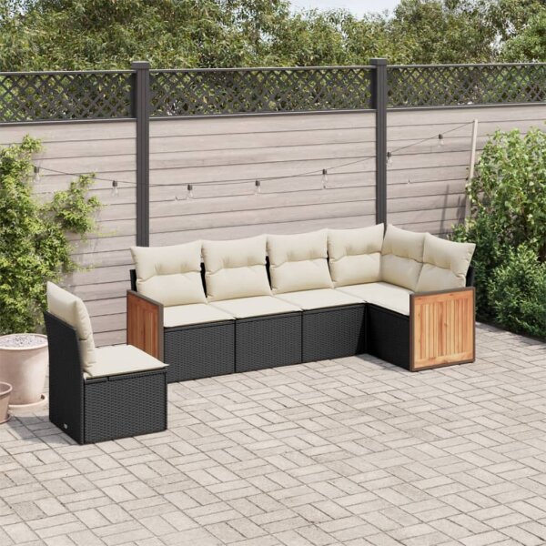 vidaXL 6-tlg. Garten-Sofagarnitur mit Kissen Schwarz Poly Rattan