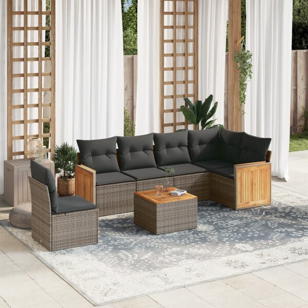 vidaXL 7-tlg. Garten-Sofagarnitur mit Kissen Grau Poly Rattan