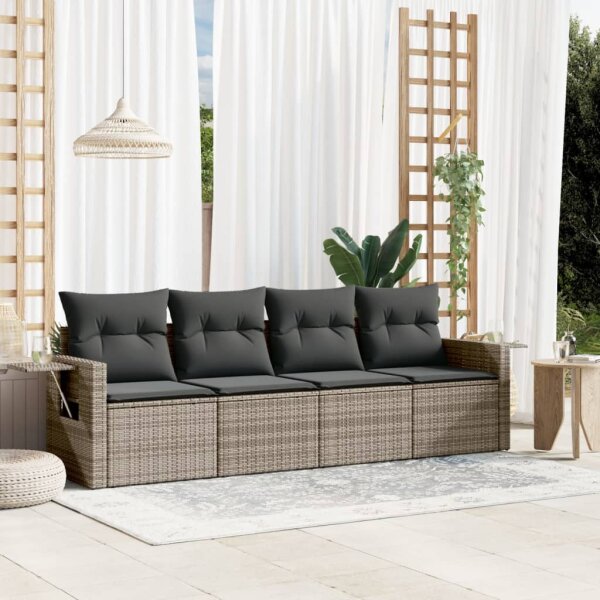 vidaXL 4-tlg. Garten-Sofagarnitur mit Kissen Grau Poly Rattan