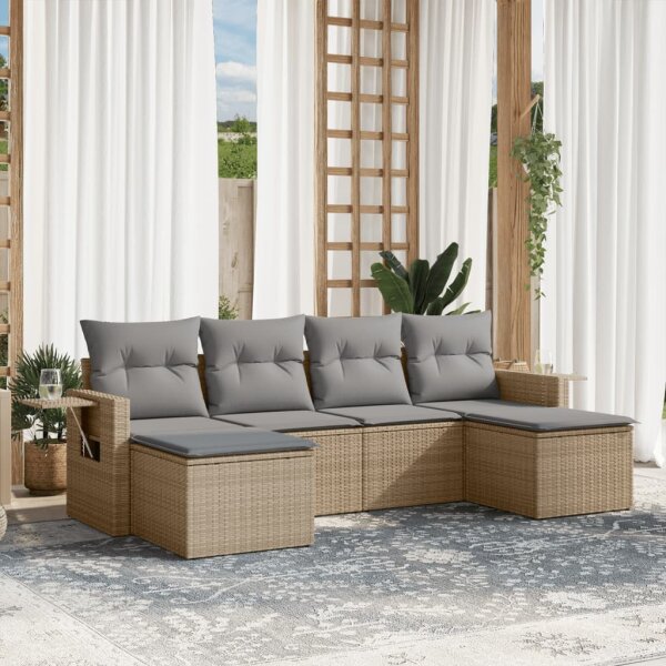 vidaXL 6-tlg. Garten-Sofagarnitur mit Kissen Beige Poly Rattan