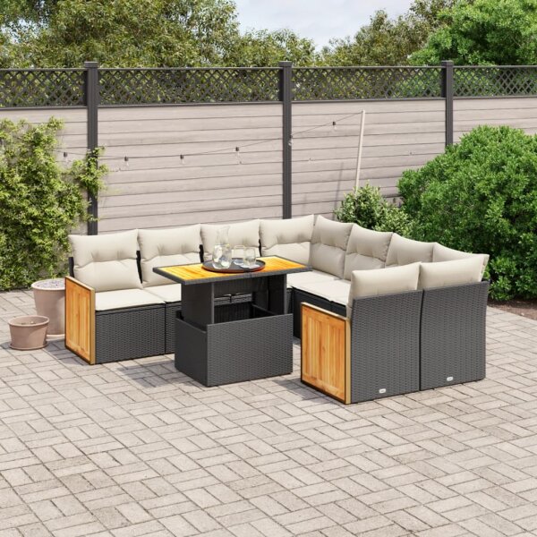 vidaXL 9-tlg. Garten-Sofagarnitur mit Kissen Schwarz Poly Rattan