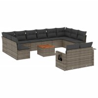 vidaXL 13-tlg. Garten-Sofagarnitur mit Kissen Grau Poly Rattan